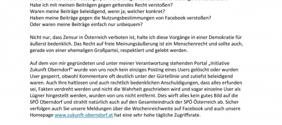 Mail an Willi Standl - Ortsparteiobmann SPÖ– Oberndorf betreffend Zensur der SPÖ