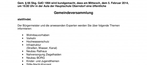 Gemeindeversammlung 2014 - Wohnbau, Hochwasserschutz, Infrastruktur, RH-Neubau etc.- Einladung f. Amtstafel