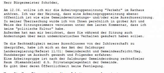 Mail DI Hans Weiner an Bürgermeister Schröder