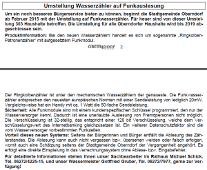 Umstellung auf Wasserzähler mit Funkauslesung - Mitteilungsblatt der Stadtgemeinde Oberndorf vom Februar 2015